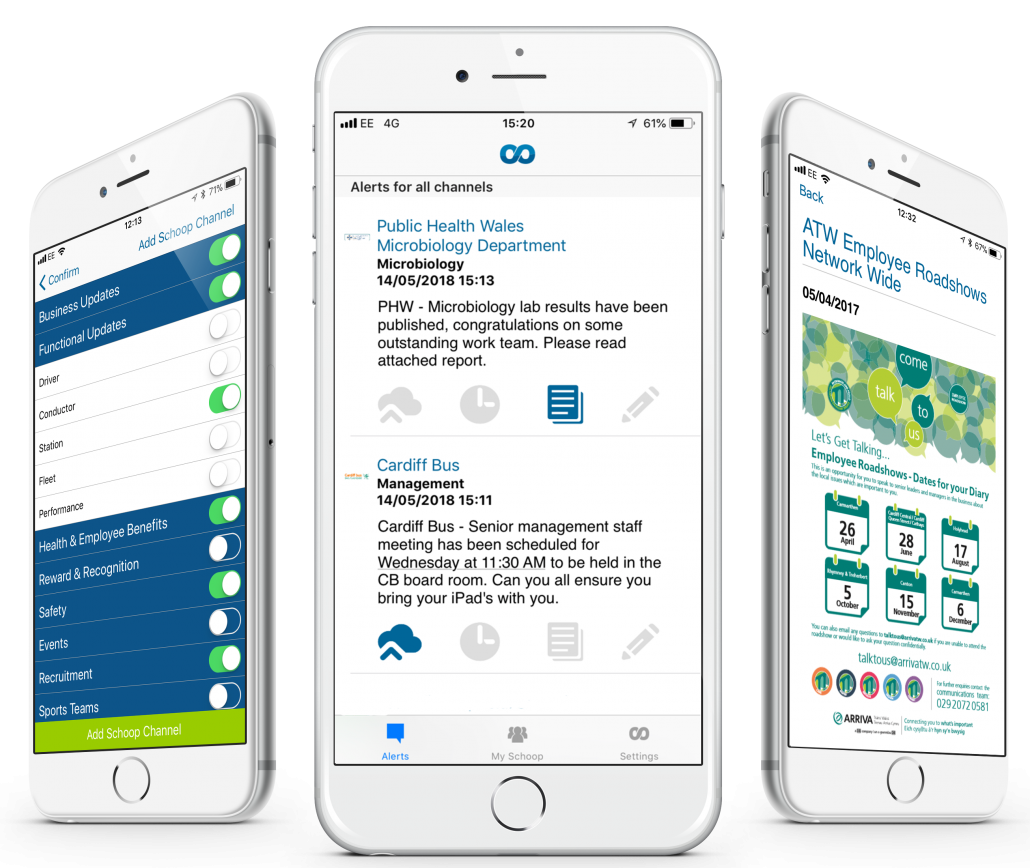 Silver-phones-3-angles-biz-1 Schoop for business employee engagement smartphone screens