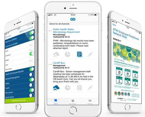 Schoop for business employee engagement smartphone screens